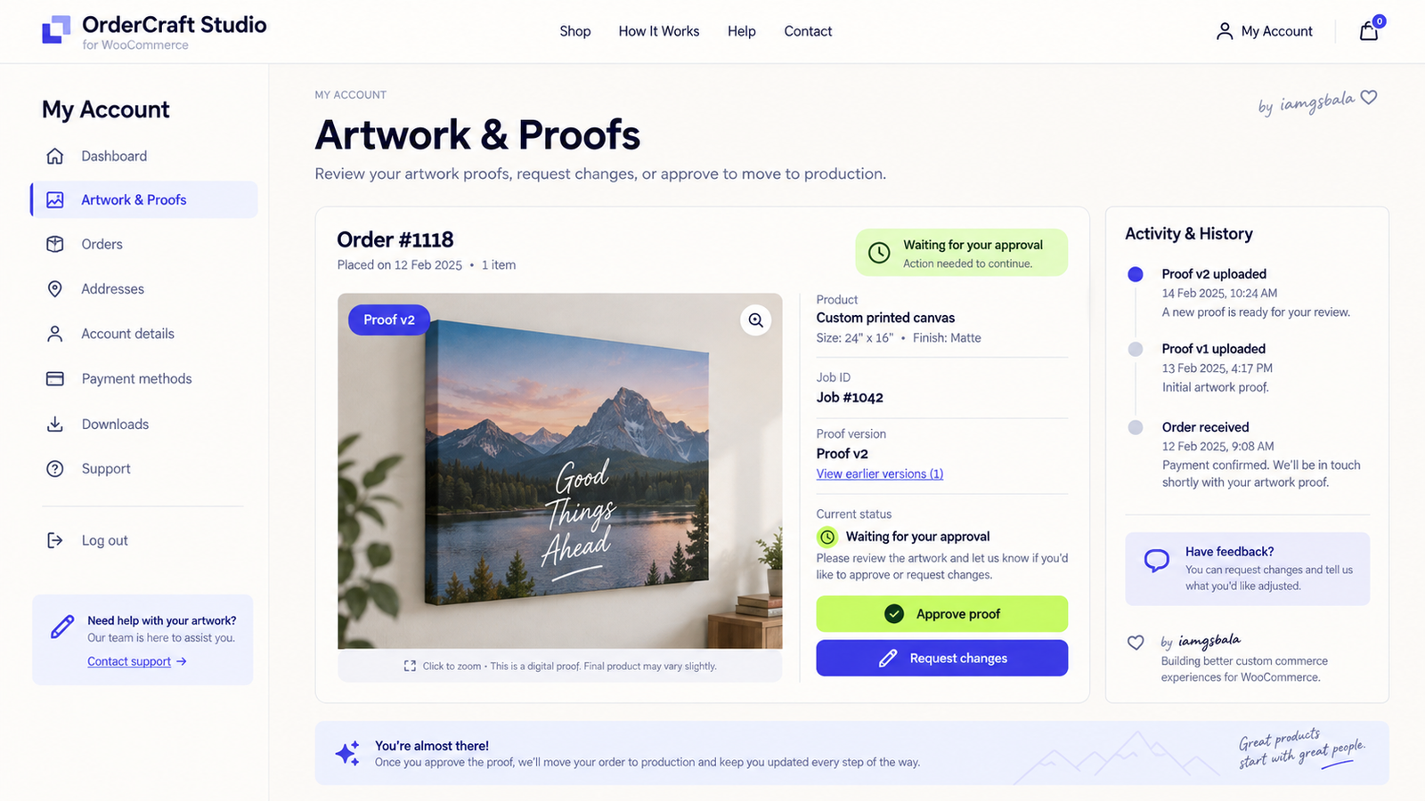 OrderCraft Studio customer Artwork and Proofs page showing order ID and approval buttons