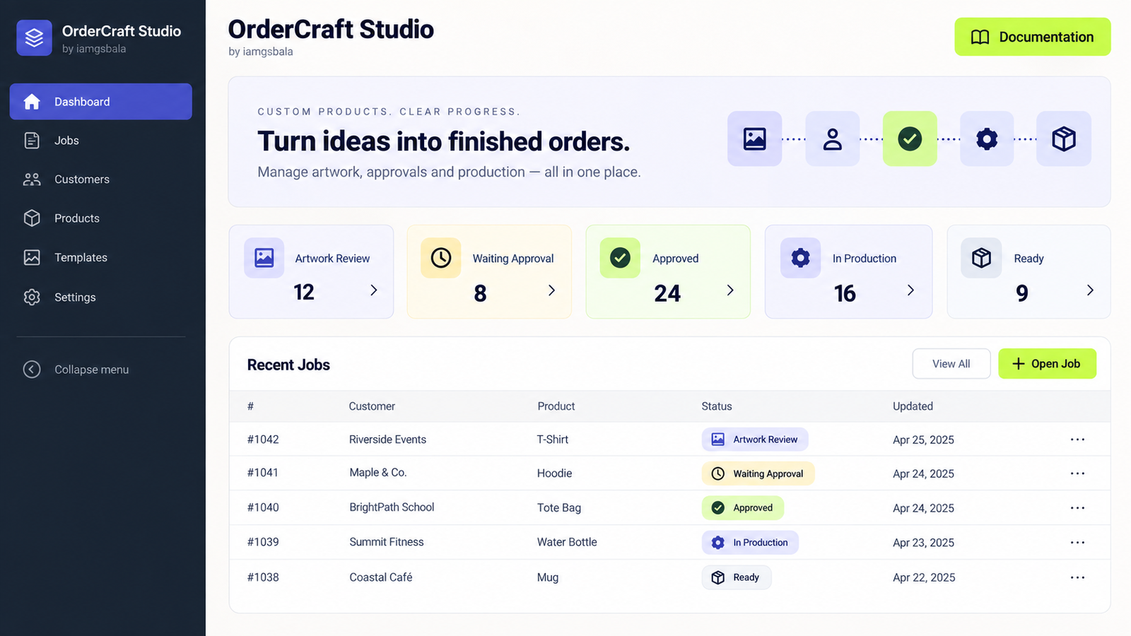OrderCraft Studio dashboard showing status cards, recent Jobs and next steps