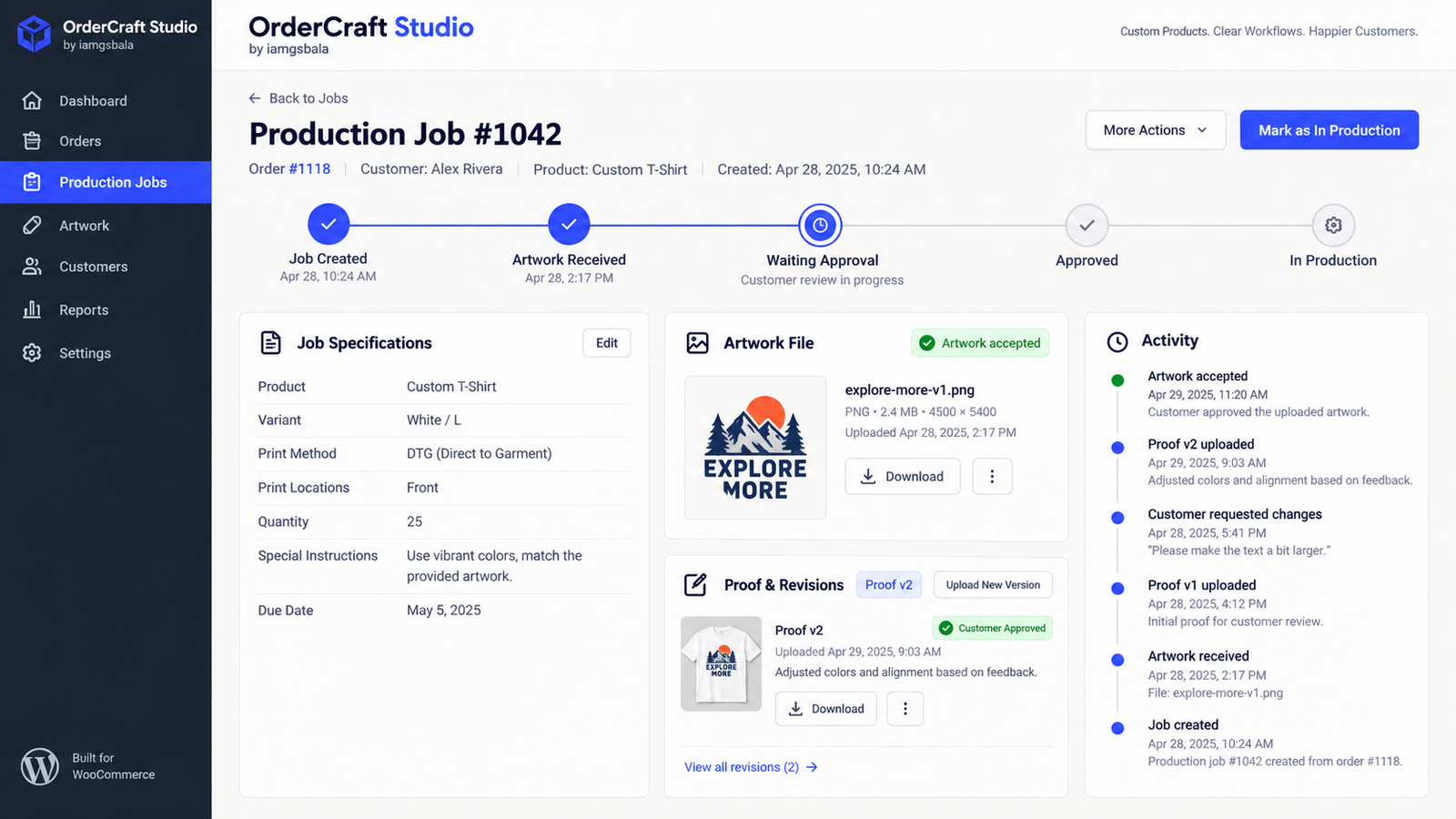 OrderCraft Studio Job detail screen showing status steps, specifications, files and activity