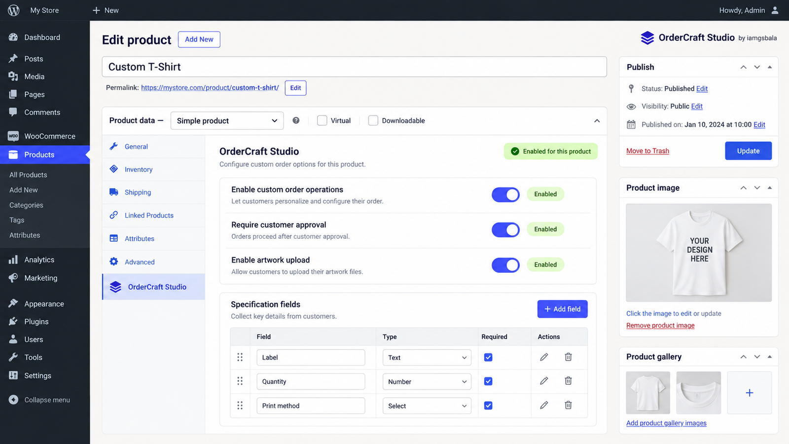 OrderCraft Studio product setup interface showing workflow switches and specification fields